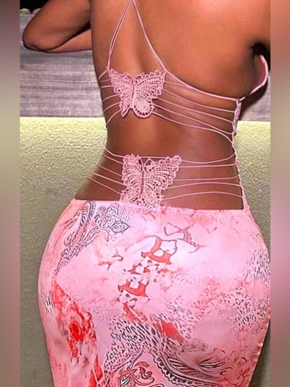 Pink Butterfly Lace Back Cutout Dress